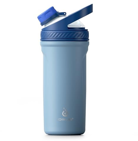 Ideus Shaker Protein Trinkflasche 700ml (24oz)，Doppelwandig Edelstahl Sportflasche mit Mischkugel, Metall Eiweiß Flasche mit Mischkugel, BPA frei, auslaufsicher Schraubverschluss (Morgenblau)