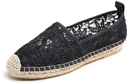 Feversole Espadrilles für Damen & Herren Freizeitschuhe Flache-Schuhe Leinenschuhe Sneaker Damen-Slip-On Schwarz mit Spitze Mesh Jute 40 EU
