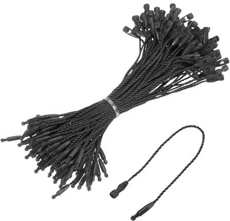 QUARKZMAN 100 Stück Hängeetiketten Etiketten Schnur, 120mm Sicherheitsfäden für Etiketten, Schnappverschluss zum Anbringen für Hängeetiketten Kleidung, Schwarz