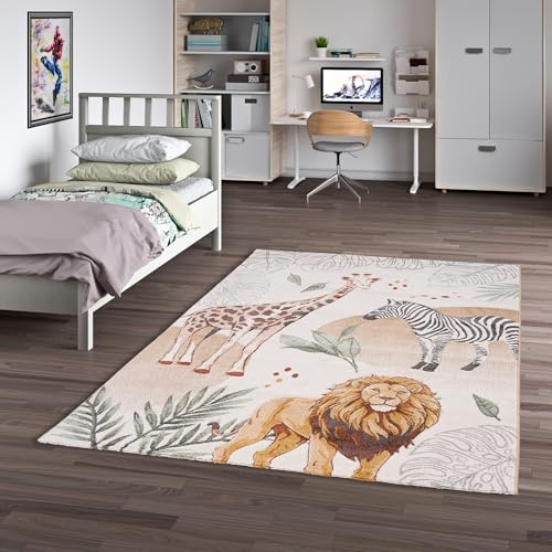 Pergamon Kinder Teppich Maui Kids Giraffe Zebra Löwe - Bunter Teppich mit Tiermotiven für Kinderzimmer, Pflegeleicht und Strapazierfähig, Ideal für kleine Abenteurer und Tierfreunde