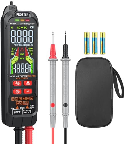 Proster 6000 Counts Digital Multimeter - Handheld Ammeter Multimeter with NCV/Voltage Tester, Auto/Manual Mode, LCD & Dual Bar Graph, Temperature, Capacitance, Live Wire Test for Automotive Testing