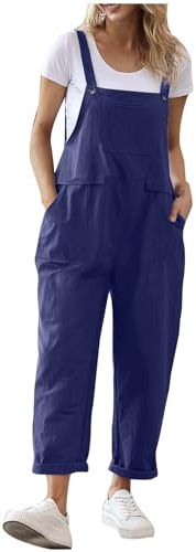 OVARA Ladies Dungarees Casual Baggy Overalls with Pocket Summer Sleeveless Linen Jumpsuits for Women UK Plain Lightweight Button Straps Bib Pants