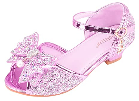 Prinsessskor flicka 28 med klack, eleganta dansskor, pumpskor, öppen tå, fiskmun festskor, cosplay-skor med rosett, glitter, bröllopsskor, klädskor, kvällsskor, lila, 26