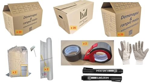 Kit Déménagement T4, 60 Cartons Robustes, Tailles Multiples, avec Accessoires