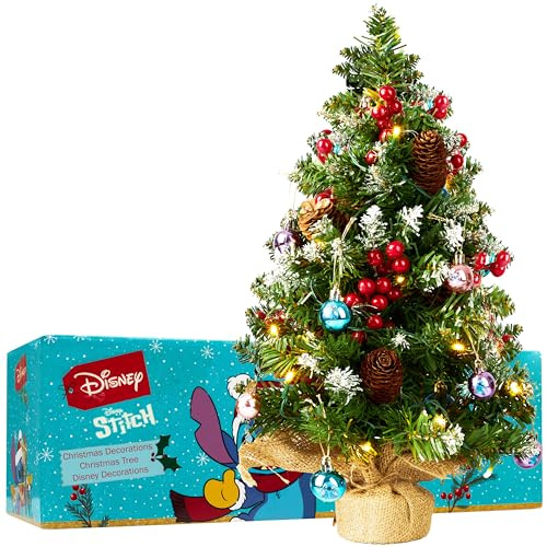 Stitch Sapin de Noel avec 12 Boules, Mini Sapin Artificiel 50cm avec Guirlande LED Blanc et Extrémités Givrées, Décoration de Noël (Multi Stitch)