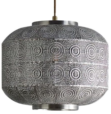 Britalia Moroccan Style Pendant Light Shade, 33cm, Satin Nickel Metal, Geometric Pattern