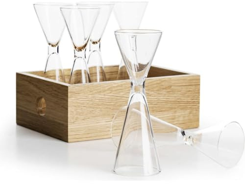 Sagaform Nature mundgeblasenes Schnapps-Glas 6er Set mit Holzbox aus Eiche, 5018446, Braun