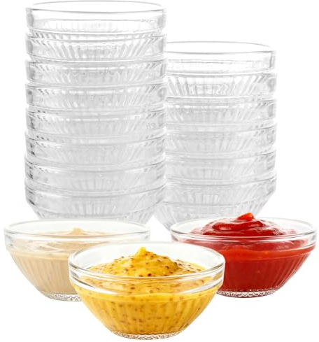 YAYODS Juego de 20 Cuencos de Cristal Ø 7,5 cm - Mini Bowls para Salsas de 75ml, Cuencos Pequeños para Aperitivos, Tapas, Sushi, Mermelada y Especias, Aptos para Microondas y Lavavajillas