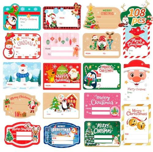 HOWAF 108pcs Frohe Weihnachten Aufkleber Geschenkaufkleber Weihnachten Weihnachtsaufkleber zum Beschreiben, Weihnachtsetiketten Selbstklebend Namensaufkleber weihnachten Decoration, 12 Blätter