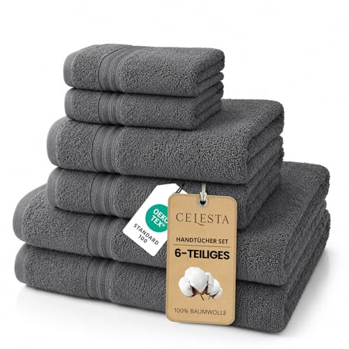 CELESTA 6‑teiliges Handtücher‑Set, 100% Baumwolle Frottee, Dunkelgrau | OEKO‑TEX zertifiziert, atmungsaktiv, saugstark & weich, enthält 2 Handtücher, 2 Duschtücher, 2 Gästetücher