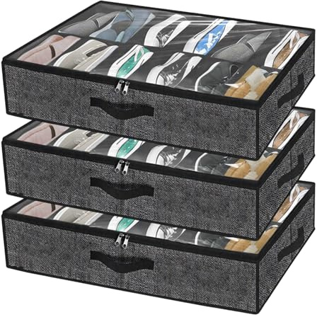 APACALI Juego de 3 zapatos debajo de la cama, se adapta a 36 pares en total, organizador de almacenamiento de zapatos debajo de la cama con tapa y asas, caja de almacenamiento plegable debajo de la