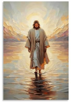 Jesus Wandkunst, Jesus geht auf Wasser, Leinwand, christliches Dekor, goldenes Bild, Walk of Christus, Gemälde, Göttliche Barmherzigkeit, Poster für Gebetszimmer, Zuhause, Büro, 30 x 45 cm