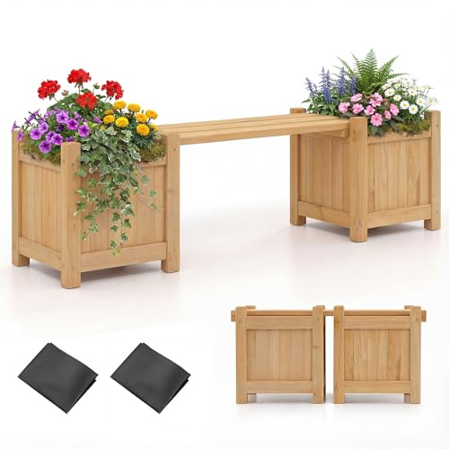 COSTWAY Jardinières d'Extérieur avec Banc 106 x 27 x 29 cm, Bac à Fleurs en Bois Massif Finition Huile de Teck Base Ouverte, Lit de Jardin Surélevé pour Pots de Fleurs, Patio, Cour, Porche (Naturel)