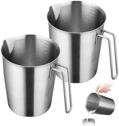 2er Set Messbecher Edelstahl 1500 ML, 1,5L 304 Edelstahl Messbecher mit Griff & Skalierung Spülmaschinengeeignetes Milchkännchen Edelstahle Robuster für Küche, Backen, Milch, Flüssigkeiten (1500ml)