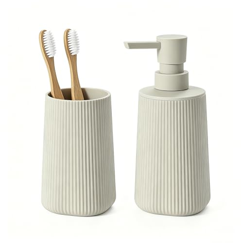 GAHEFY Set di 2 accessori per il bagno, dispenser di sapone da 250 ml, tazza per denti, design moderno scanalato in plastica ABS, per lavabo e mensola da bagno, colore: beige