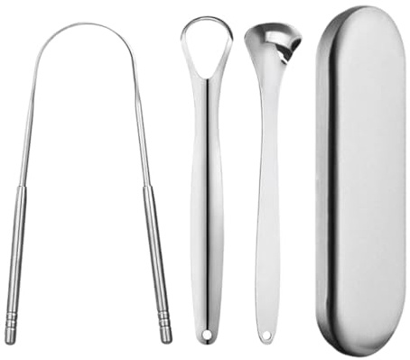 AEUXZA 3er-Set Zungenreiniger Edelstahl mit Metall-Aufbewahrungsbox, Zungenschaber Set für Frischen Atem und Mundhygiene, 3 verschiedene Formen Zungenbürste gegen Zungenbelag, Silber