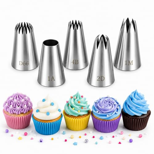 Large Piping Tips Set, Stainless Steel Frosting Piping Kit, 1M #2D #4B #D66# 1A Pastry Cake Decorating Tips Baking Tools for Cookies Cupcake Decorating Kit