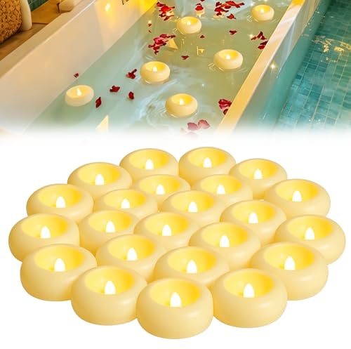 24 candele galleggianti a LED, 7,3 cm, candele galleggianti tremolanti, candele galleggianti bianche per piscina, bagno, fontana, 200 ore di funzionamento a batteria
