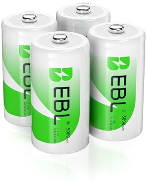 EBL C Batteries High Energy 5000mAh Ready2Use C Rechargeable Battery Cells, 4 Counts