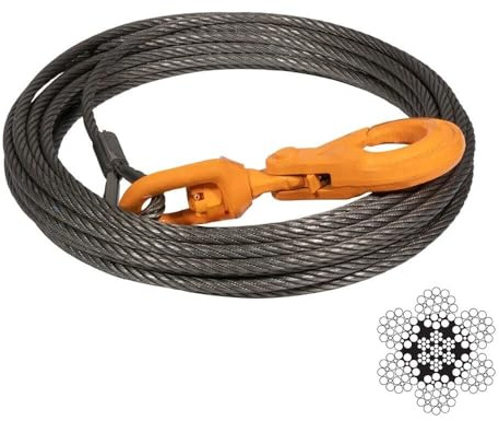 Mytee Products Wire Rope Steel Core Winch Cable 3/8 x 50' Swivel Hook 14,400 lbs Breaking Strength Replaces B/A 4-38PS50LH