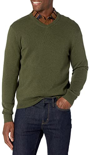 Amazon Essentials Herren V-Ausschnitt Pullover aus Baumwolle, Normale Passform, Olive Heather, XXL