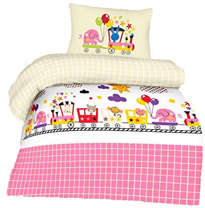 Arle-Living 3 TLG. Baby Bettwäsche Wende Motiv: Tiere Zug - Renforcé 100x135 cm + 40x60 cm + 1 Spannbettlaken 70x140 cm
