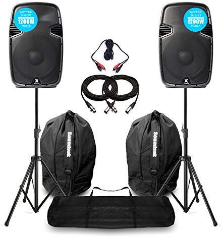Vonyx SPJ1200A 12 Active PA Speakers Pair with Stands & Bags - 1200W Active Powered Speakers Set, Complete Powered Speaker Packages, Full Setup for PA System, Cables Included, Versatile Input Options