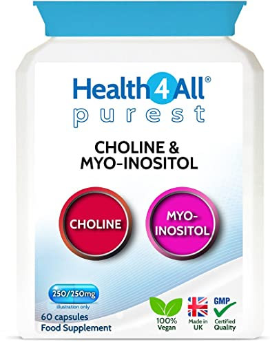 Health4All Choline & Inositol 500mg 60 Capsules 2 Months Supply, Purest Choline Bitartrate 250mg & Myo-Inositol 250mg Vegan Supplement for Metabolism, Mood, Memory & Brain Health Support | Made in UK