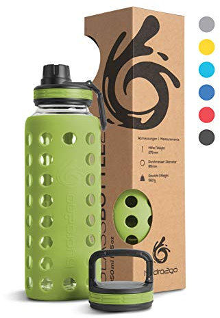 hydro2go Glas trinkflasche mit strohhalm 950 ml, Silikonhülle – auslaufsicher, BPA-frei, spülmaschinenfest – 2 Deckel – Sport & Büro (Olive Green 2.0)