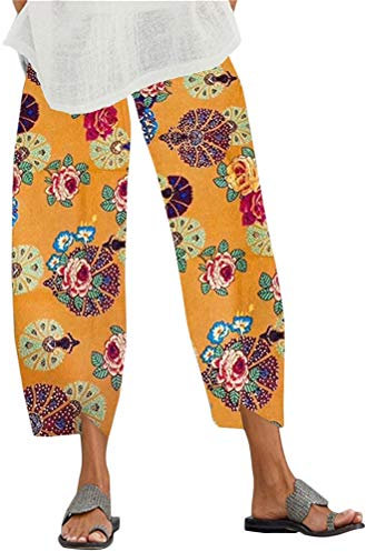 Onsoyours Damen Haremshose 7/8 Sommerhose Große Größen Tierdruck Strand Hose Bequemer Schnitt Gummibund High Waist Yogahose Hose C Gelb XXL