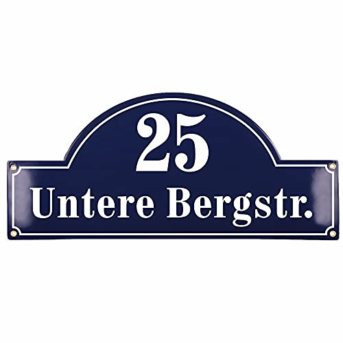 Sosenco Hausnummerschild Hausnummer mit Straßenname - 27x60 cm - Keramik Emaille - Wetterfest - Personalisiert (Blau)