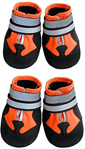 Ewolee Hundeschuhe für verletzte Pfoten Wasserdicht 4 Stück Hundeschuhe Hundeschuhe mit Verstellbaren reflektierenden Riemen und Anti-Rutsch-Sohle für Kleine Mittlere Große Hunde (Orange, XXL)
