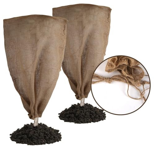 Lot de 2 housses d'hiver en toile de jute de 119,4 x 101,6 cm, sacs en toile de jute épaisse avec cordon de serrage, protection contre le gel pour plantes en pot, couverture d'extérieur pour éviter le