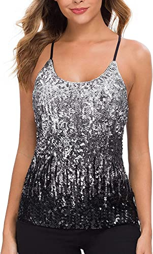 WILLIAMHUA Damen Pailletten Tops Glitzer Oberteile Sparkle Party Weste Ärmellos Tunika Weste Damen Sequin Tank Top