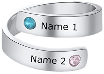 Lam Hub Fong Verstellbare Ringe für Frauen Personalisierte Angstringe mit 2 Namen Gravierte Spinnerringe mit Geburtssteinen Verlobungsringe für Frauen BFF Mutter Geburtstag Muttertag (Silver)