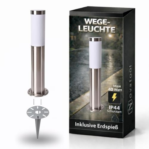 Novatool Gartenlampe I 45 cm I mit Erdspieß I Edelstahl I IP44 I E27 Sockel I Gartenleuchte Stehlampe Säulenlampe außen Außenlampe Aussenleuchten Sockelleuchte Pollerleuchte