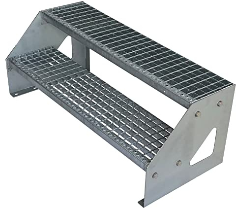 Kaminbau Mierzwa Premium Stahl Treppe Freistehend Verzinkt 2 Stufen (Breite 80 cm) (Höhe 38 cm) Wetterfest Gitterroststufe Gartentreppe