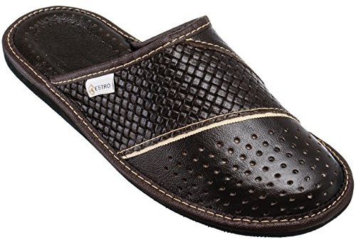 ESTRO Hausschuhe Herren Leder Herrenhausschuhe - Hausschuh Männer Pantoffel Pantoffeln Pantoletten Slipper Mann M66 (43 EU, Braun)