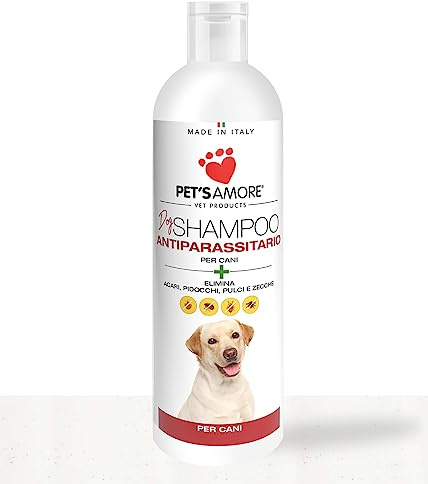 Shampoo Antiparassitario per Cani ml 250, Elimina Pulci, Zecche, Acari e Pidocchi
