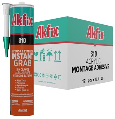 Akfix 310 Instant Grab Heavy Duty Construction Adhesive White (12x10.1 fl.oz.) - Ceramic Tile Adhesive, Low Odor, Paintable Construction Glue for Ceiling Tile, Foam Board, Wall Panels | 12 Pack