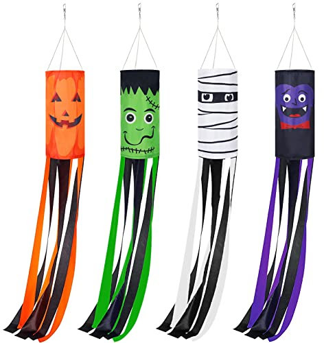 AnyDesign 4Pcs Halloween Windsocks Flag 39 Inch Cartoon Flag Wind Socks Pumpkin Vampire Zombie Monster Outdoor Hanging Decoration for Home Yard Patio Lawn Garden Tree Party Supplies