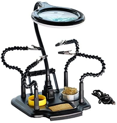 Reggi Scheda Elettronica EMPOTEC EM-11M-3 Supporto Terza mano con Lente Ingrandimento e LED per Saldatura Dissaldatura con 4 Bracci Snodati regolabili Spugne Pasta Saldante e Porta Rocchetto Stagno