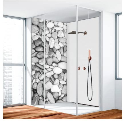 Duschrückwand, Badrückwand, Duschverkleidung, Wandverkleidung aus 3 mm Alu-Verbundplatte, 125x250cm, Kieselsteine Grau Matt - 1400