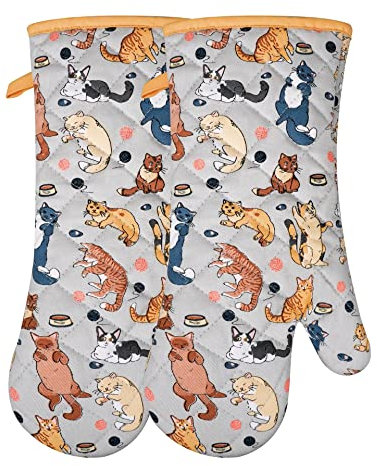 Oven Mitts Cotton Fashion Cute Cat Design 1pair Heat Resistant Oven Gloves Safe Cooking Baking Grilling Barbecue Machine Washable Pot Holders (Cat)