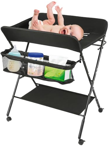 Wickeltisch Faltbar und Tragbar 3 in 1, max. Belastung 25 kg für neue, Wickeltisch mit Aufbewahrungskorb, Sicherheitsgurt und 4 Rollen mit Bremse, höhenverstellbar, 80 * 66 * 98cm schwarz