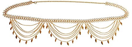 Dsnyu Taille Kette Gold, Bauchkette Cute Mehrschichtige Geometrische Blätter-Quaste Karabinerverschluss Kettengürtel für Festival 112cm