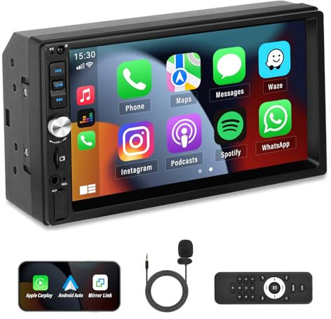 Doppelt Din Autoradio mit Carplay Android Auto, 7 LCD Touch Screen Multimedia Player Audio Stereo mit Bluetooth 5.1 FM EQ AUX Mirror-Link SWC Buntes Hintergrundlicht Fernwirktechnik