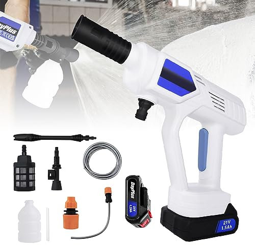 Idropulitrice a Batteria Portatile 21V Idropulitrice a Batteria Ricaricabile con 4 Ugelli/Tubo 5m/Asta di Prolunga e Kit Autolavaggio per lavare auto/annaffiare fiori/pulire pavimenti, 1x Batteria