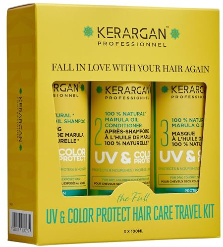 Kerargan - Kit Viaje UV & Color con Marula para Cabello Seco/Teñido - Champú, Acondicionador, Mascarilla - Sin Sulfatos, OMG, Aceite Mineral - 3x100ml