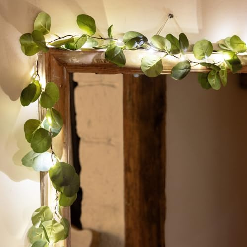 Talking Tables Battery Operated Artificial Leaf String Fairy Lights with Eucalyptus Vine Green Leaves, Decorative for Parties, Wedding and Christmas Decorations, Indoor Outdoor, 1.8m Size